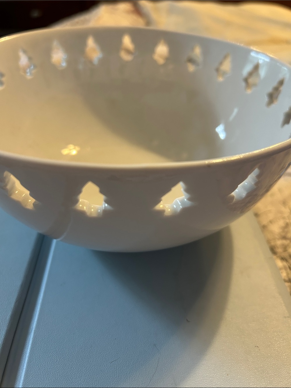 Crate & Barrel White Decorative Ceramic Bowl with Cutout Pattern -